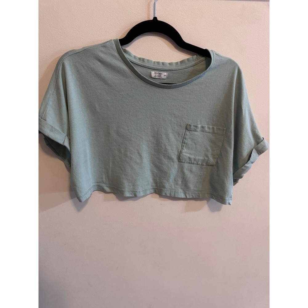 90s Inspired Ardene Sage Green Aerie Cropped Baby Tee Pocket Rolled Sleeve Shirt